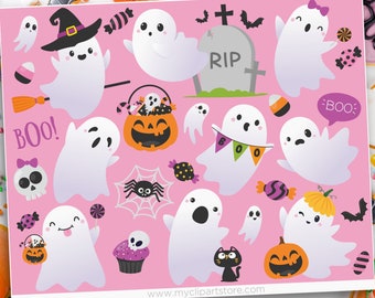 Pink Halloween Clipart, Cute Ghost svg, Kawaii Ghost, Cute Pumpkins, Halloween Candy - Digital Download | Sublimation Design | SVG, EPS, PNG