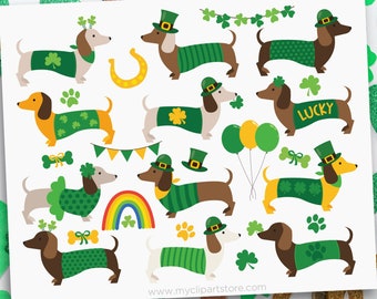 St. Patrick's Day Dogs Clipart, Doxie, Dachshund, Basset Hound, Weiner Dog, Irish - Digital Download | Sublimation Design | SVG, EPS, PNG