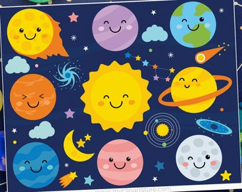 Solar System Clipart Sun, Moon, Mars, Venus, Uranus, Saturn, shooting stars, galaxy - Digital Download | Sublimation Design | SVG, EPS, PNG