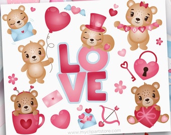 Valentine's Day Bear Clipart, Heart Balloons, Cute Teddy Bears, Love Letter, Sticker - Digital Download | Sublimation Design | SVG, EPS, PNG