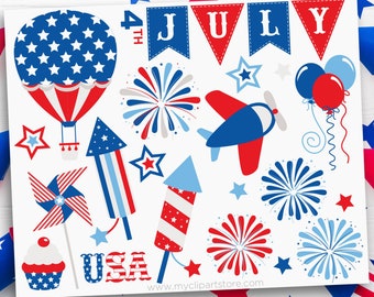 4th of July Clipart, Independence Day, Star Spangled, Hot air balloon svg, Fireworks Clip Art,