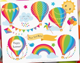 Hot Air Balloons Clipart, Up and Away, Rainbow svg, Birthday Clipart - Digital Download | Sublimation Design | SVG, EPS, PNG