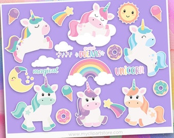 Magical Unicorns Clipart, kawaii, donut svg, ice cream svg, rainbow svg, little pony png - Digital Download | Sublimation | SVG, EPS, PNG