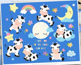 Bed Time Cow, Cute Cow svg, Moon svg, Farm Animals Clipart, Baby Shower Invite  - Digital Download | Sublimation Design | SVG, EPS, PNG