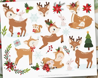 Christmas Reindeer Clipart, Cute Deer svg, Winter Animals Clipart, Woodland, Forest Animals - Digital Download | Sublimation | SVG, EPS, PNG