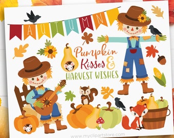 Fall Scarecrow Clipart, Autumn Animals, Harvest, Pumpkins, Wooden Barrel, Crow, Fox, Squirrel,