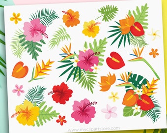 Tropical Plants Clipart, Flamingo svg, plumeria, palm leaves, ferns, Bird of paradise - Digital Download | Sublimation | SVG, EPS, PNG