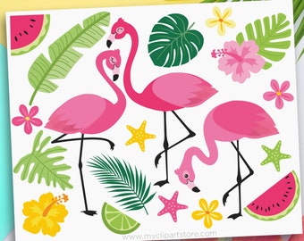 Flamingo svg, Beach Clipart, Tropical plants, Summer Clipart, Watermelon svg  - Digital Download | Sublimation Design | SVG, EPS, PNG