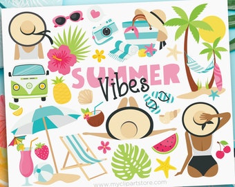 Summer Clipart, Beach Vacation Clipart, Tropical Plants, Seashells SVG, Surfing Clipart - Digital Download | Sublimation | svg, png, eps