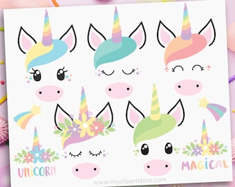 Unicorn Faces Clipart, Unicorns, Emoji, Princess Horse, little pony, scrapbook stickers - Digital Download | Sublimation | SVG, EPS, PNG