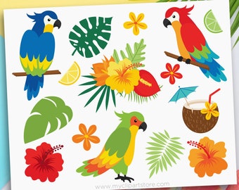 Parrots Clipart, Tropical Birds, Palm Leaves, Beach, tropical plants, cocktail, coconut - Digital Download | Sublimation | SVG, EPS, PNG