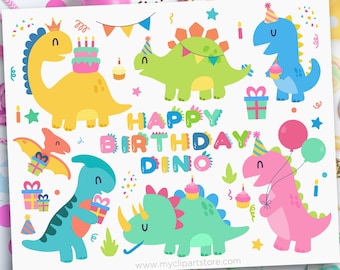 Dinosaur Birthday Clipart, Cute Dinosaur, Dino, Birthday, Balloons, Party, Animals - Digital Download | Sublimation | SVG, EPS, PNG