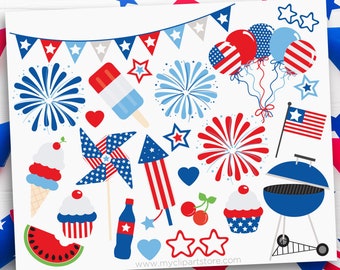 4th of July Party Clipart, USA Independence Day, BBQ svg, Barbecue Clip Art, Fireworks, Digital Download