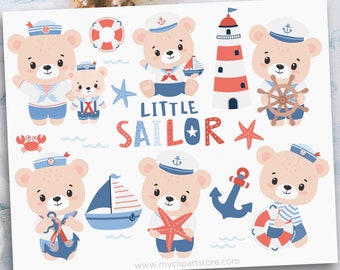 Nautical Bear Clipart, Sailing, Little Sailor, Babyshower, Sailboat svg, Cute Teddy - Digital Download | Sublimation Design | SVG, EPS, PNG