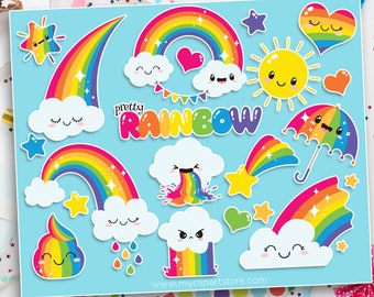 Rainbow Clipart, Kawaii Clipart, Rainbow Emoji, Sun svg, Clouds svg, Birthday Party - Digital Download | Sublimation Design | SVG, EPS, PNG