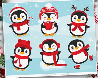 Christmas Penguins Clipart, Winter Animals, reindeer, Santa hat, Winter Animals - Digital Download | Sublimation Design | SVG, EPS, PNG