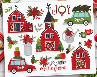 Christmas Farm Clipart, Rustic Farm House, Red Barn svg, Farm House svg - Digital Download | Sublimation Design | SVG, EPS, PNG