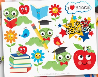 May include: A set of colorful digital clipart featuring a worm with glasses reading a book, a red apple with a worm, a blue bird, a pencil, a graduation cap, a stack of books, a flower, and a starburst with the text "SUPER READER!" and "I LOVE BOOKS!"