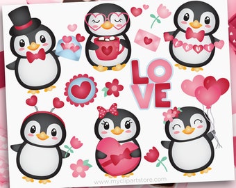 Valentine Animals Clipart, Cute Penguins, Valentine's Day stickers, Penguin svg - Digital Download | Sublimation Design | SVG, EPS, PNG