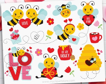 Valentine Honey Bee Clipart: SVG, EPS, PNG (Digital Download)