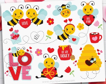 Valentine Clipart, Honey Bees svg, Valentine Animals Clip Art, Bee svg - Digital Download | Sublimation Design | SVG, EPS, PNG