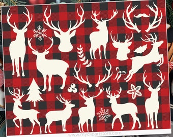 Reindeer Clipart, Deer Antler svg, Buffalo Check, Plaid Digital Papers   - Digital Download | Sublimation Design | SVG, EPS, PNG