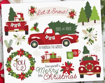 Red Christmas Truck Clipart, Old Pickup Truck svg, Christmas Tree svg, Farmhouse Christmas - Digital Download | Sublimation | SVG, EPS, PNG