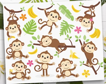 Monkeys Clipart, Monkey svg, Monkey Clip Art, Little Monkeys Wall Art, Safari Animals - Digital Download | Sublimation | SVG, EPS, PNG