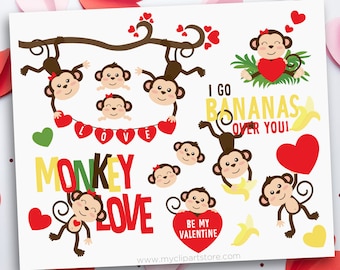 Valentine Monkeys Clipart, Valentine's Day Clip Art, Valentine Animals, Monkey svg - Digital Download | Sublimation Design | SVG, EPS, PNG