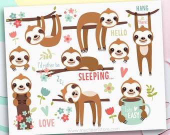 Cute Sloths Clipart, Spring Flowers, Valentine Clip Art, Kawaii Clipart - Digital Download | Sublimation Design | SVG, EPS, PNG