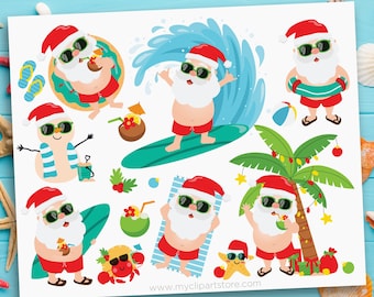 Summer Santa Clipart, Beach Christmas, Tropical Christmas Clipart, Christmas in July - Digital Download | Sublimation Design | SVG, EPS, PN