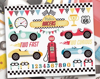 Race Cars Clipart, Retro Cars, Two, 2 Fast, Boy Birthday, Formula One, Grand Prix - Digital Download | Sublimation Design | SVG, EPS, PNG