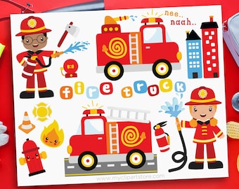 Fire Truck Clipart, Boy, Girl, Firefighters, Fire Engine svg, Fire Rescue, Birthday - Digital Download | Sublimation Design | SVG, EPS, PNG