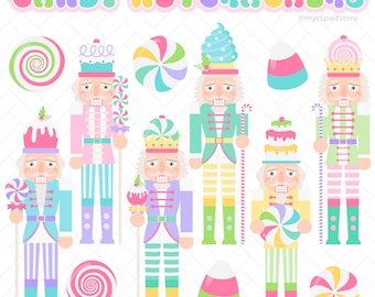 Könnte beinhalten: Ein Set mit zehn bunten Illustrationen von Nussknackern in Form von Süßigkeiten. Die Nussknacker sind in Süßigkeiten-Outfits mit Zuckerstangen-Stäben gekleidet. Die Illustrationen beinhalten Bonbonspiralen, Lutscher und Zuckerstangen.