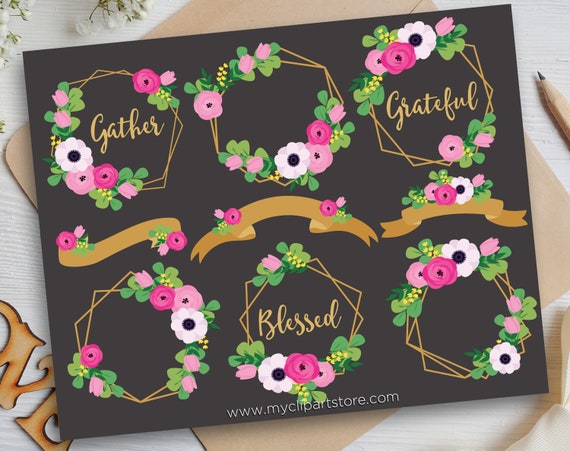Download Geometric Floral Frames Gold Ribbons Wedding Clipart Magnolias Roses Table Markers Monogram Commercial Use Vector Clip Art Svg Png By Myclipartstore Catch My Party