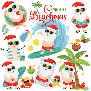 Summer Santa Clipart, Beach Christmas, Tropical Christmas Clipart, Natal em julho - Download digital | Design de sublimação | SVG, EPS, PN