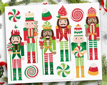 May include: A set of ten digital illustrations featuring nutcracker characters with candy cane and candy accents. The nutcrackers are wearing red, green, and white striped outfits. The illustrations are perfect for holiday crafts and projects.