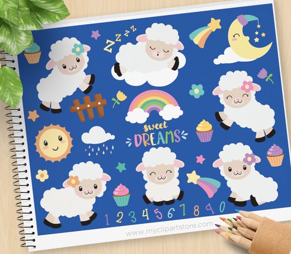 Counting Sheep Clipart, Cute Lamb, Farm Animals, Moon, Stars, Bed Time, Cupcakes, Spring flowers, Commercial Use, Vector Clip Art, HTV Il_570xn