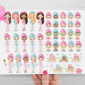 May include: A set of 40 digital illustrations featuring a spa day theme. The illustrations include a variety of characters, including women with different hair colors and skin tones, wearing pink and blue towels and robes. The illustrations also include various spa-related items, such as cucumbers, flowers, and towels.