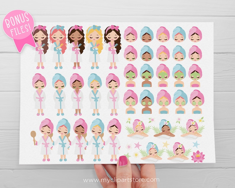 May include: A set of 40 digital illustrations featuring a spa day theme. The illustrations include a variety of characters, including women with different hair colors and skin tones, wearing pink and blue towels and robes. The illustrations also include various spa-related items, such as cucumbers, flowers, and towels.