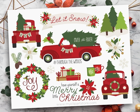 pics Farmhouse Christmas Tree Clipart pickup truck svg poinsettia flowers red pickup truck etsy