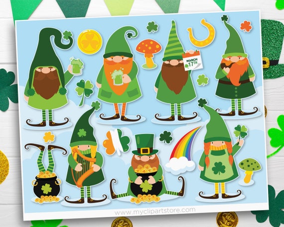 St. Patrick's Day Gnomes Clipart, Leprechaun SVG, Irish Holiday Clip Art, Digital Download Il_570xn