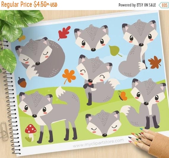 SALE - Grey Fox Clipart, So Foxy, Woodland Animals, forest animals, woodland critters, silver fox, Commercial Use, Vector clip art, SVG File Il_570xn