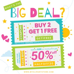 May include: Two colorful coupons with a green and yellow background. The top coupon says "Buy 2 Get 1 Free" with the coupon code "GETIFREE". The bottom coupon says "Spend $30 or more, and get 50% off" with the coupon code "HALFOFF30".