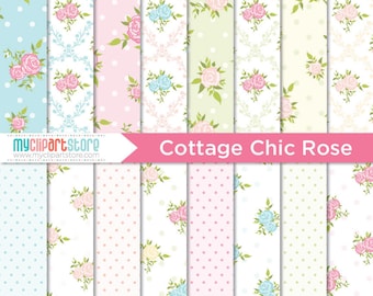 Cottage Chic Rose Digital Paper: Shabby Chic Patterns (JPG, PDF)