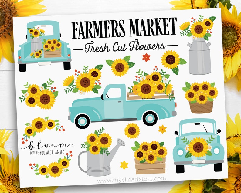 Download Sunflower Truck Clipart Retro Truck with Sunflowers | Etsy