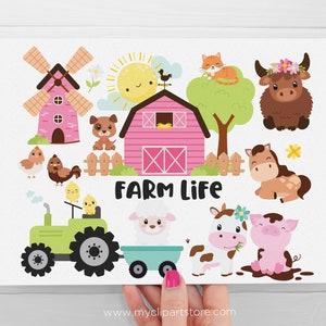 Cute Farm Clipart, Farm Animals, Pink Barn, Farm Birthday, Baby Shower, Farmstead, Cow svg Digital Download Sublimation SVG, EPS, PNG image 2