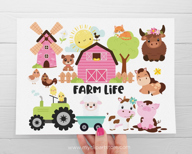 Cute Farm Clipart, Farm Animals, Pink Barn, Farm Birthday, Baby Shower, Farmstead, Cow svg Digital Download Sublimation SVG, EPS, PNG image 2