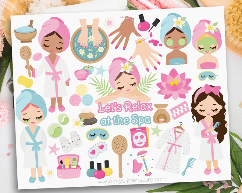 Spa Day Clipart, Cute Spa Girl, Self Care, Spa Birthday, Manicure, Pedicure, Mani Pedi Digital Download Sublimation SVG, EPS, PNG image 1