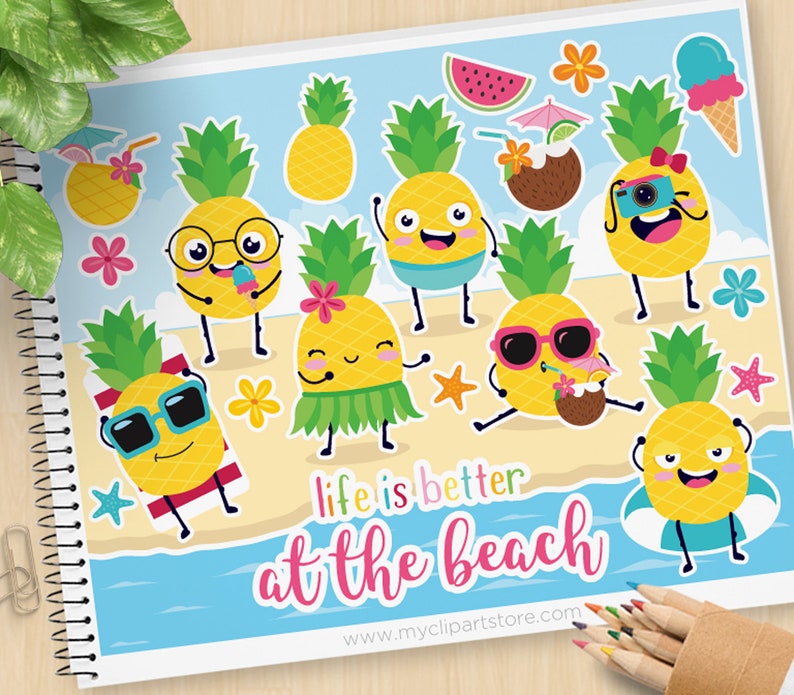 Beach Pineapples Clipart Pineapple Emoji Tropical Summer Ice Cream Watermelon Coconut Cocktail Commercial Use Vector Clip Art Svg